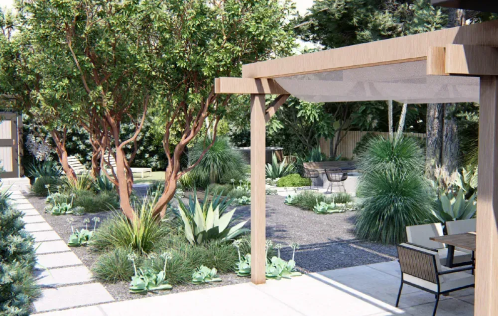 Landscaped backyard with pergola, dining area, and various plants.