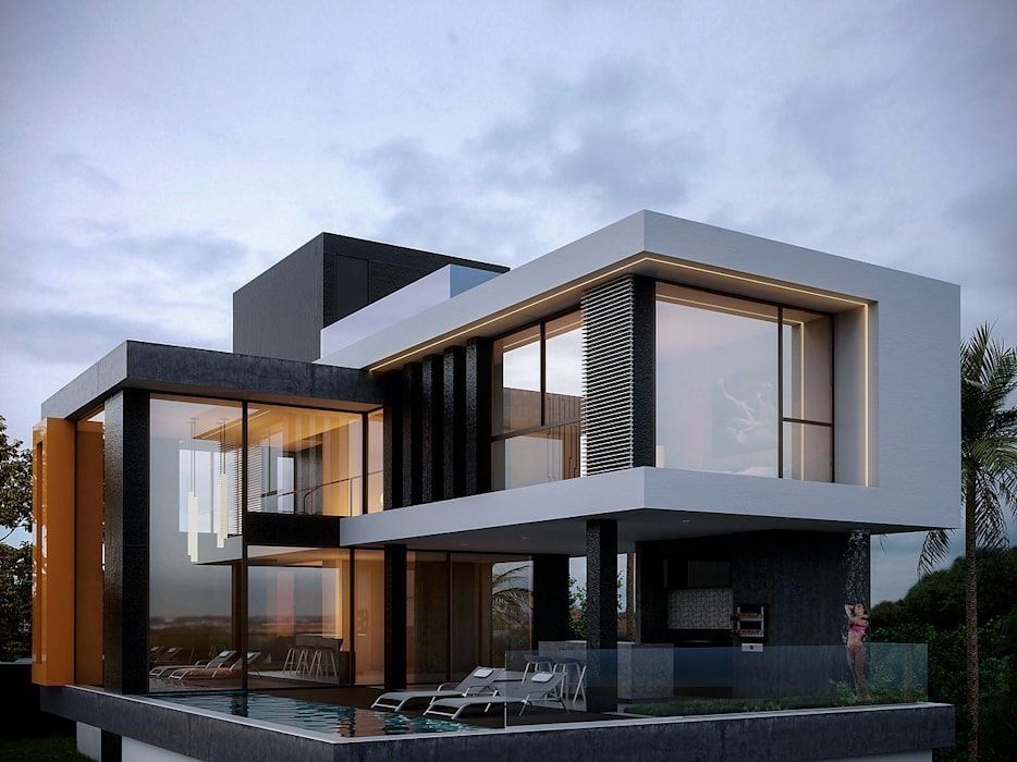 A modern house with a lot of windows and a swimming pool