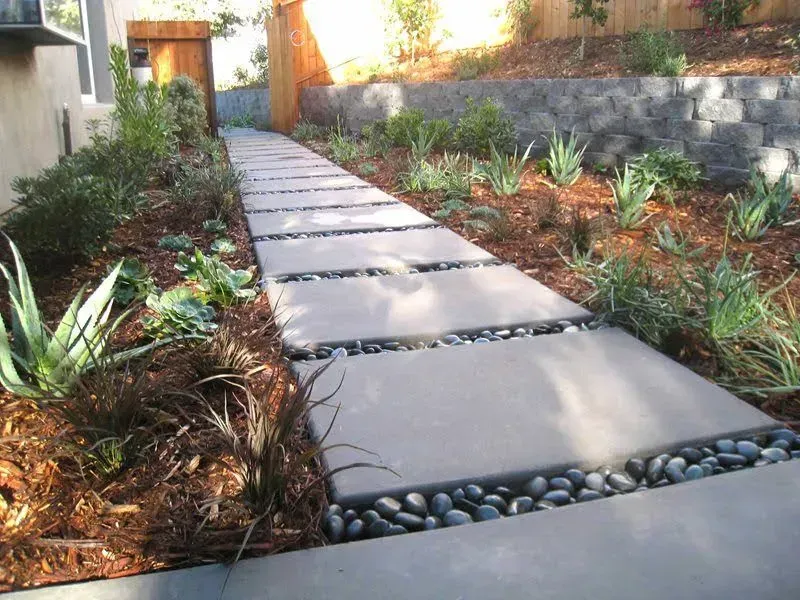 Concrete walkway with black river rocks and planted landscaping.