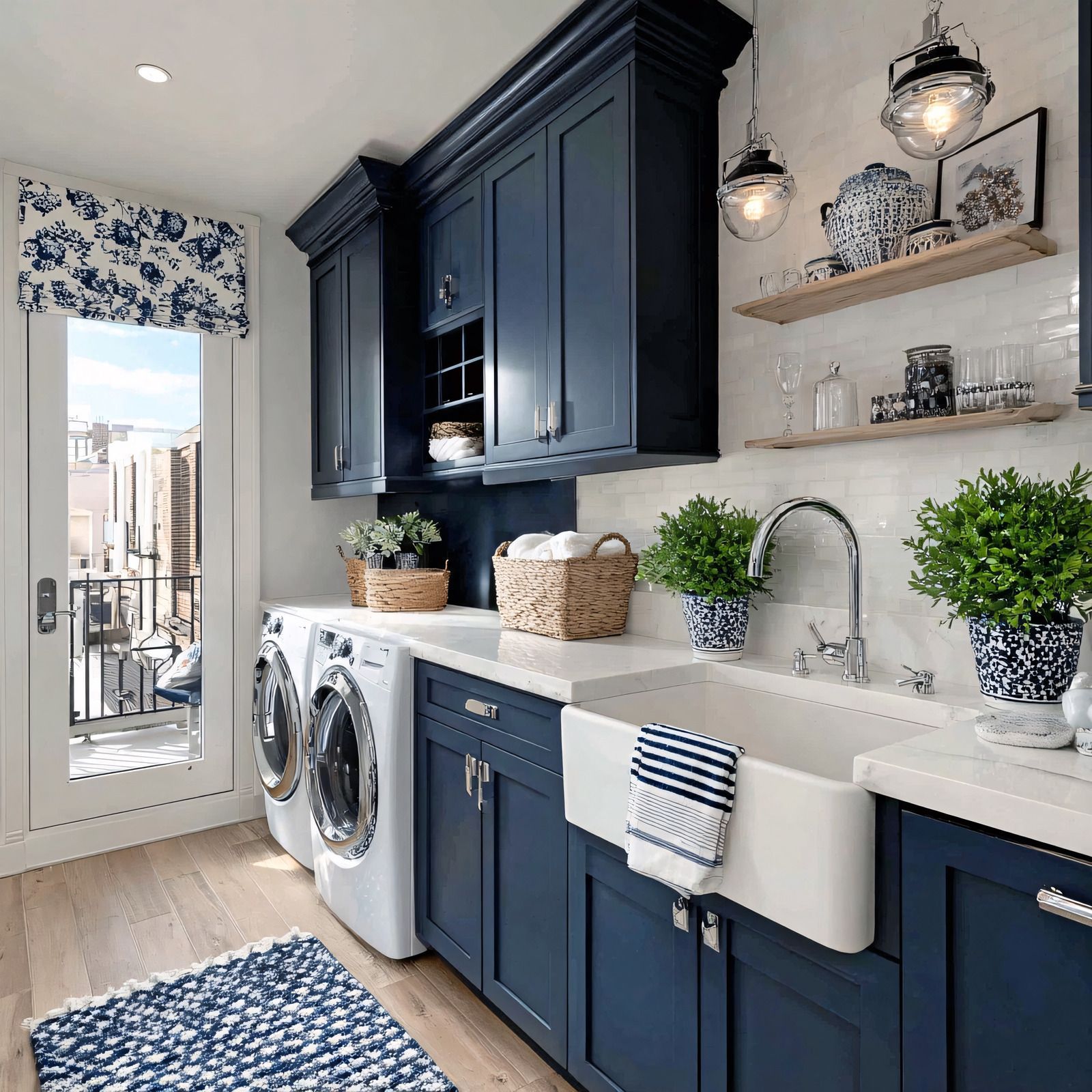 Laundry room with blue cabinets, white sink, and washer/dryer. Includes plants, shelves, and a patterned rug.