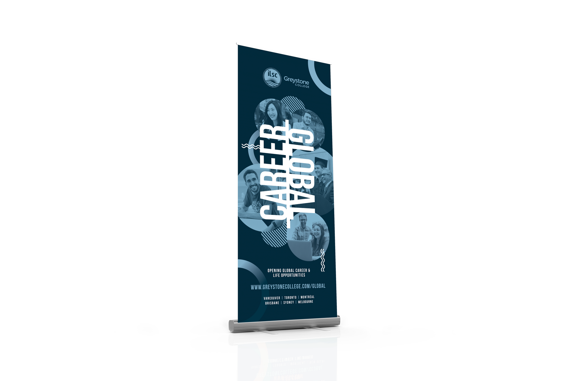 Blue vertical “Career Fair” banner stand with abstract icons on a white background