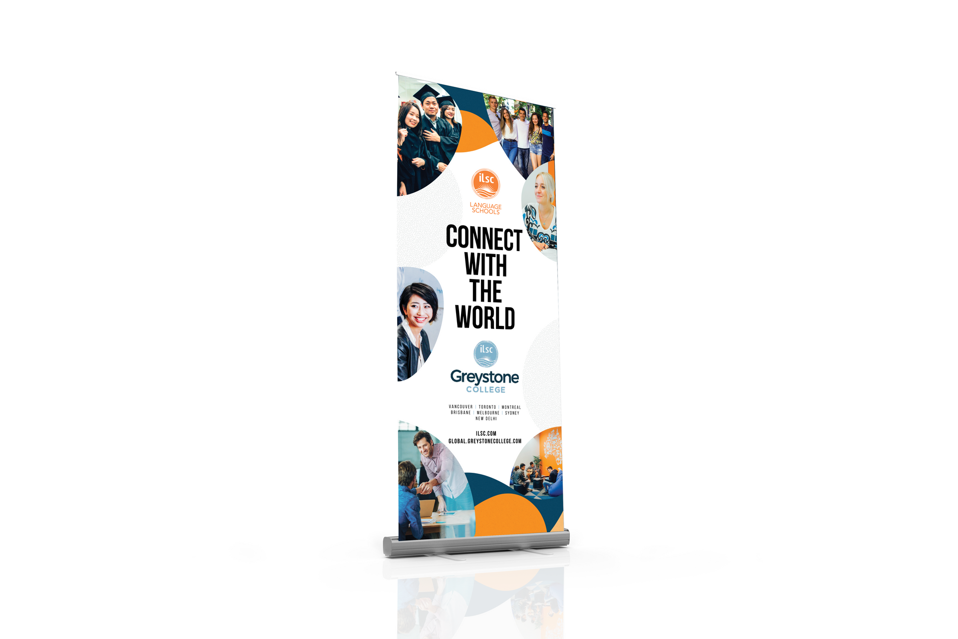Tall white promotional banner with orange and teal accents reading “Connect the World” on a white background