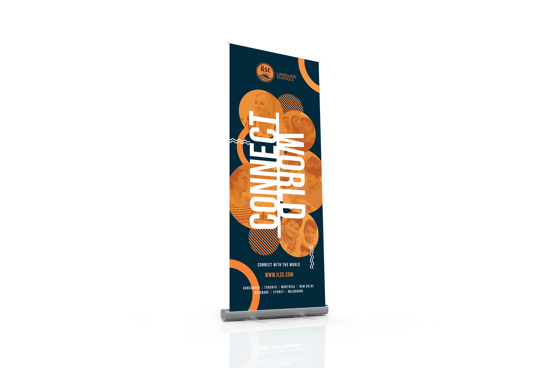 Tall blue-and-orange retail banner with the words “CONNECT TO” on a white background
