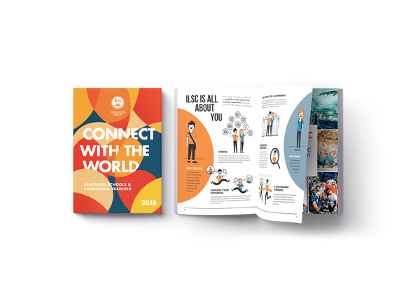 Brochure spread with orange cover “CONNECT WITH THE WORLD” and colorful illustrated pages inside