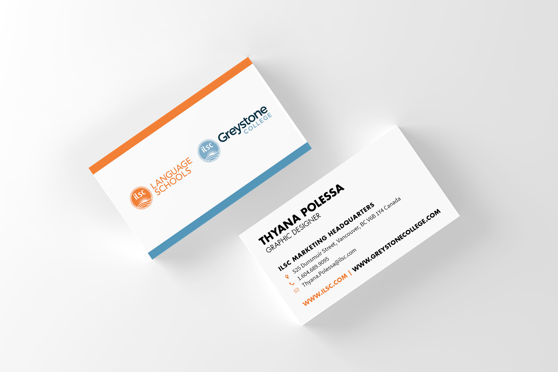 Two tilted business cards on a light gray background, one orange and blue, one white with black text.