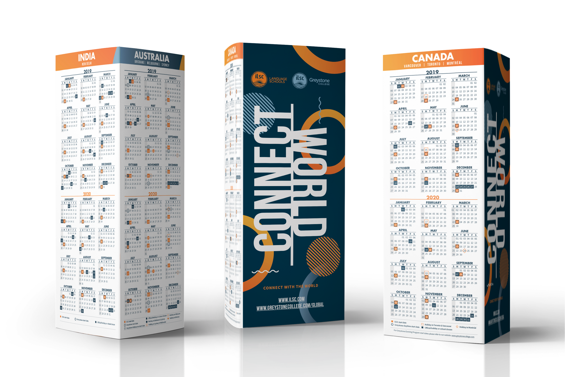 Three sides of a dark blue and orange packaging box with nutrition facts panels.