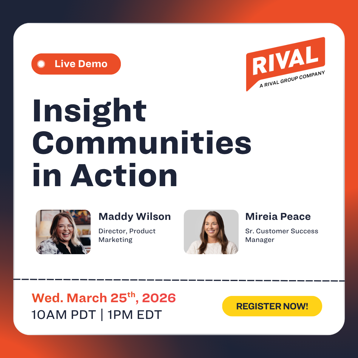 Live Demo banner for “Insight Communities in Action” with speakers, date, time, and register now button