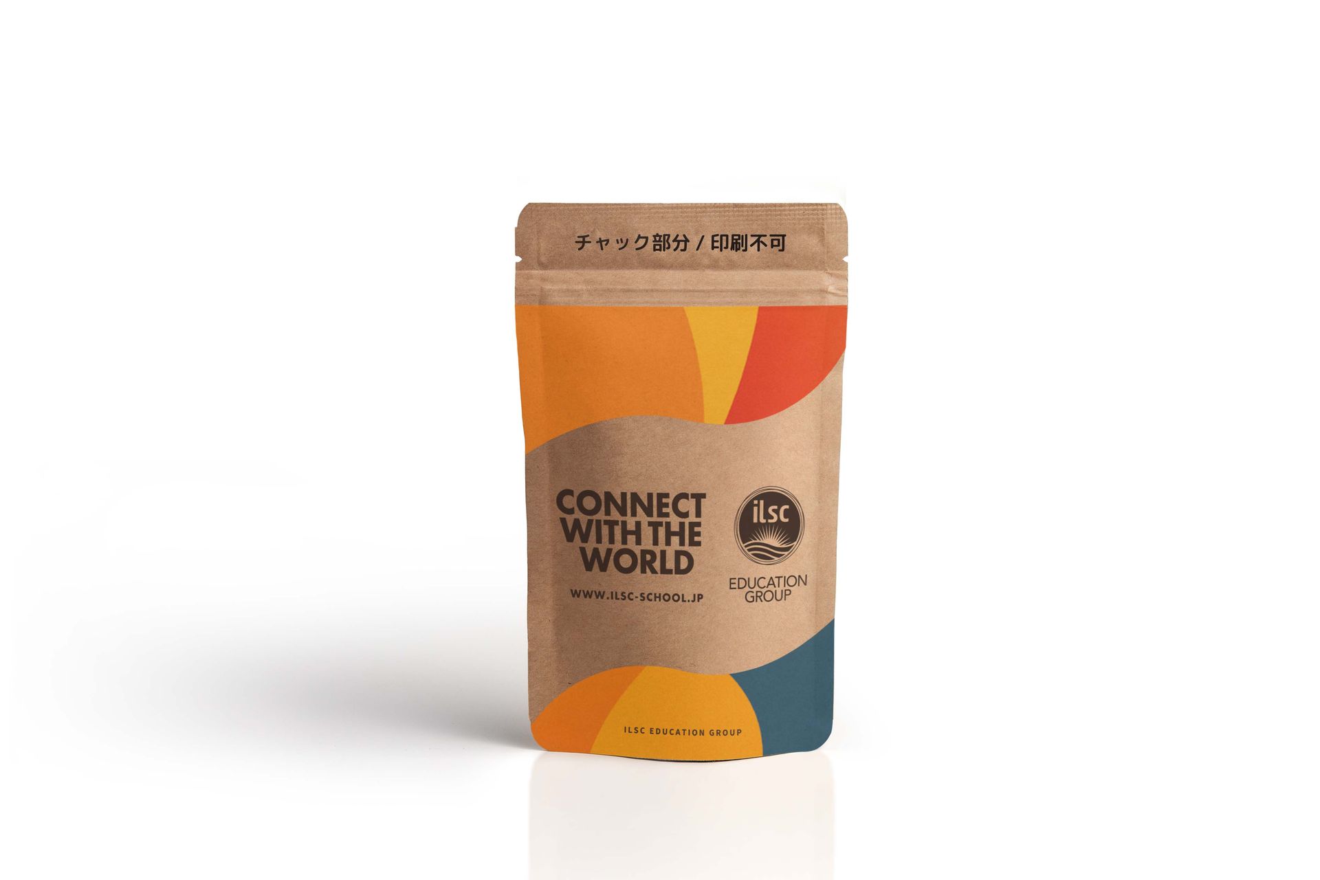 Orange coffee pouch with “CONNECT WITH THE WORLD” text on a white background