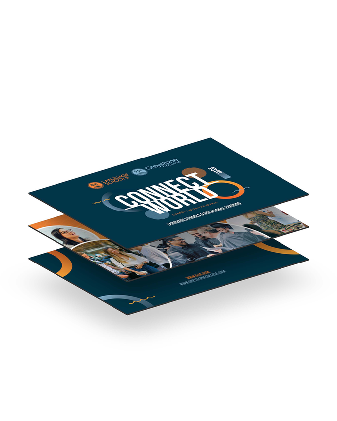 Stack of dark blue and orange brochure/flyer pages with large headline text and photos of people and buildings