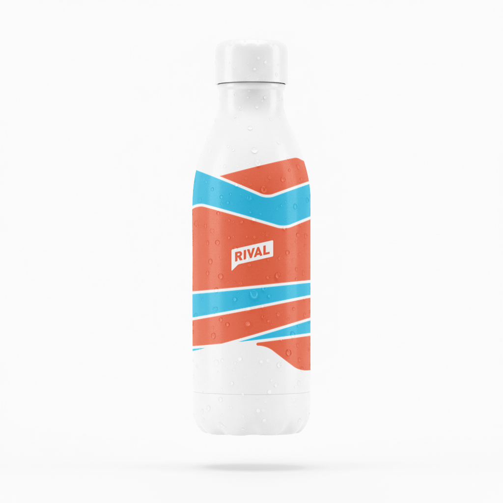 White bottle with orange and blue geometric label on a white background