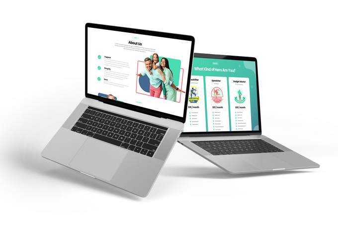 Two silver laptops displaying a colorful app interface on a white background