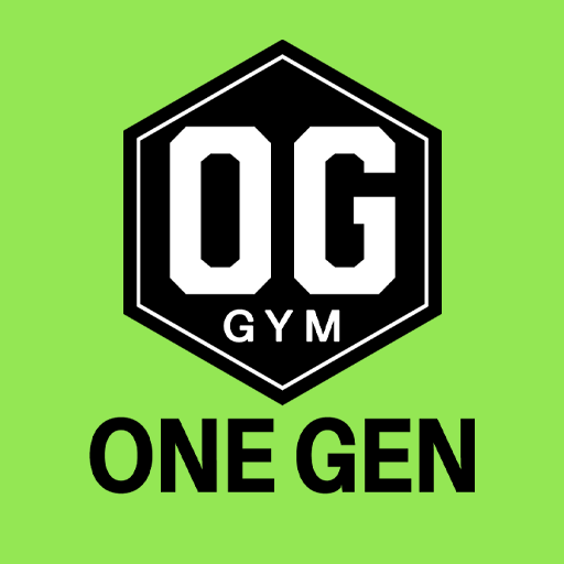 A black and white logo for og gym in a hexagon.