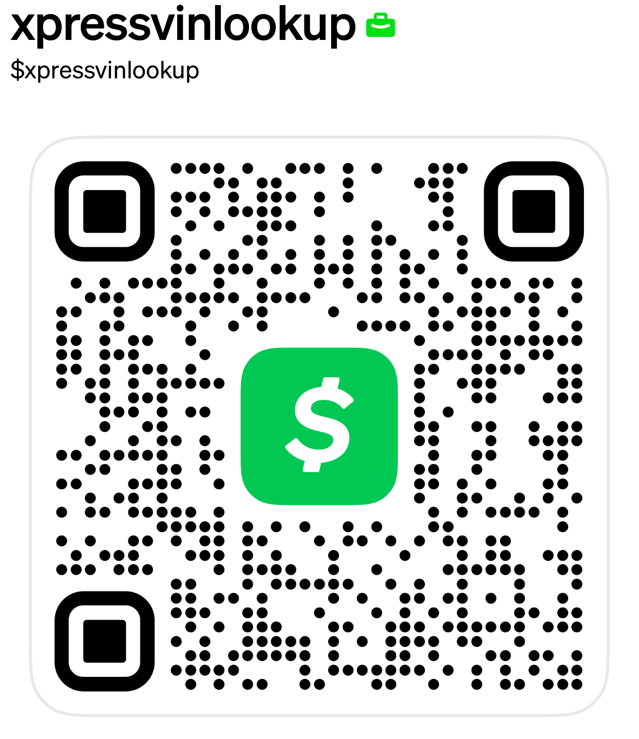 Black-and-white QR code with a green dollar sign logo and xpressvinlookup text at top