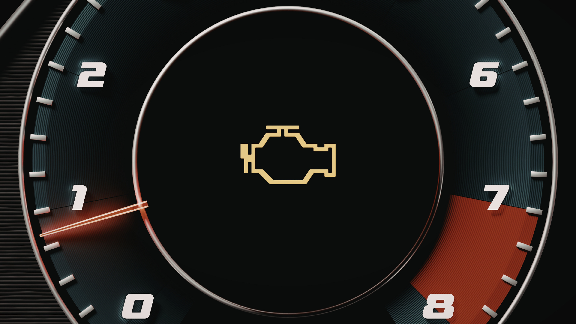 A car dashboard tachometer displaying a yellow check engine light.