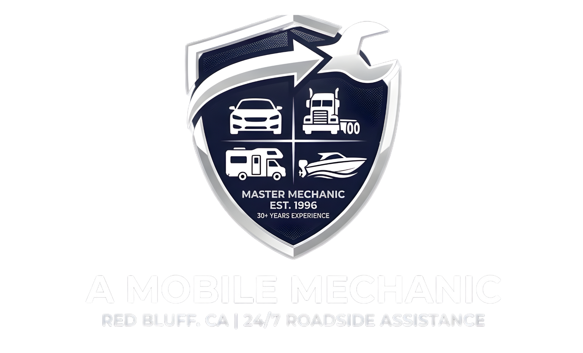 A logo for A Mobile Mechanic in Red Bluff, CA, featuring a shield with vehicle icons and a wrench, on a dark background.