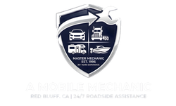 Logo for A Mobile Mechanic in Red Bluff, CA, featuring a shield with icons of a car, truck, RV, and boat.