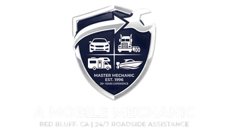 A logo for A Mobile Mechanic in Red Bluff, CA, featuring a shield with vehicle icons and a wrench, on a dark background.