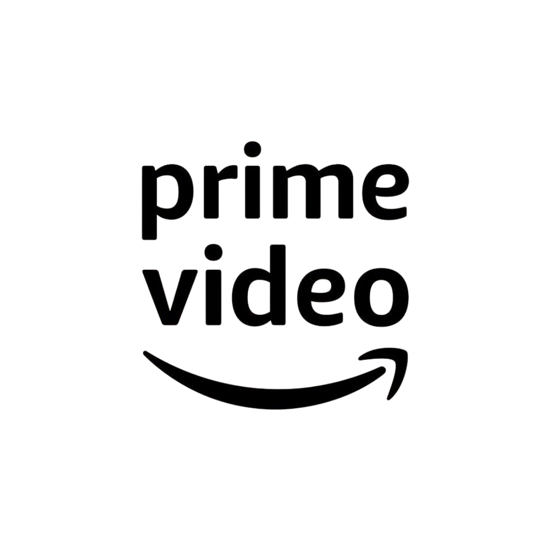 The amazon prime video logo is black and white and has a smiling face.
