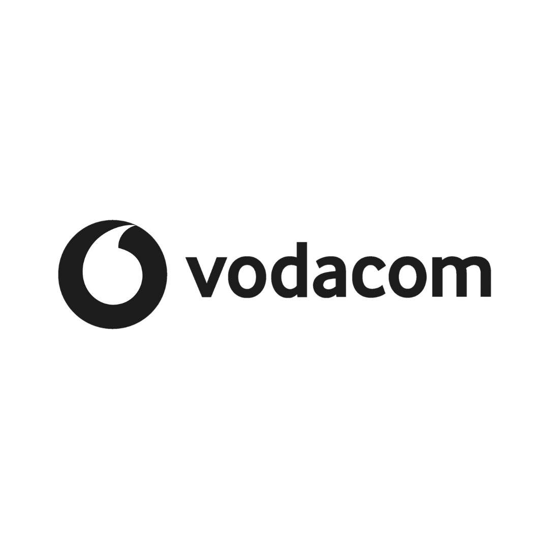 The vodacom logo is black and white on a white background.