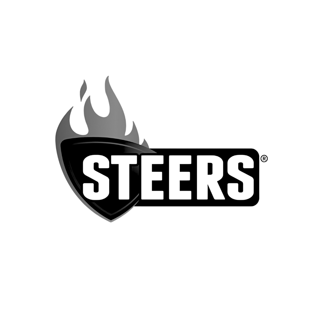 A black and white logo for steers with a fire coming out of it.