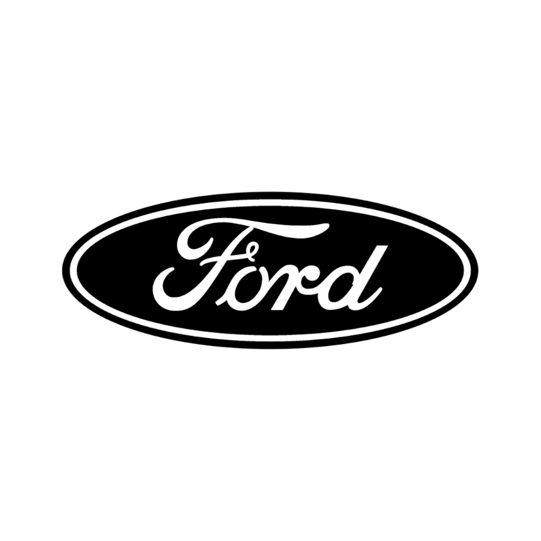A black and white ford logo on a white background.