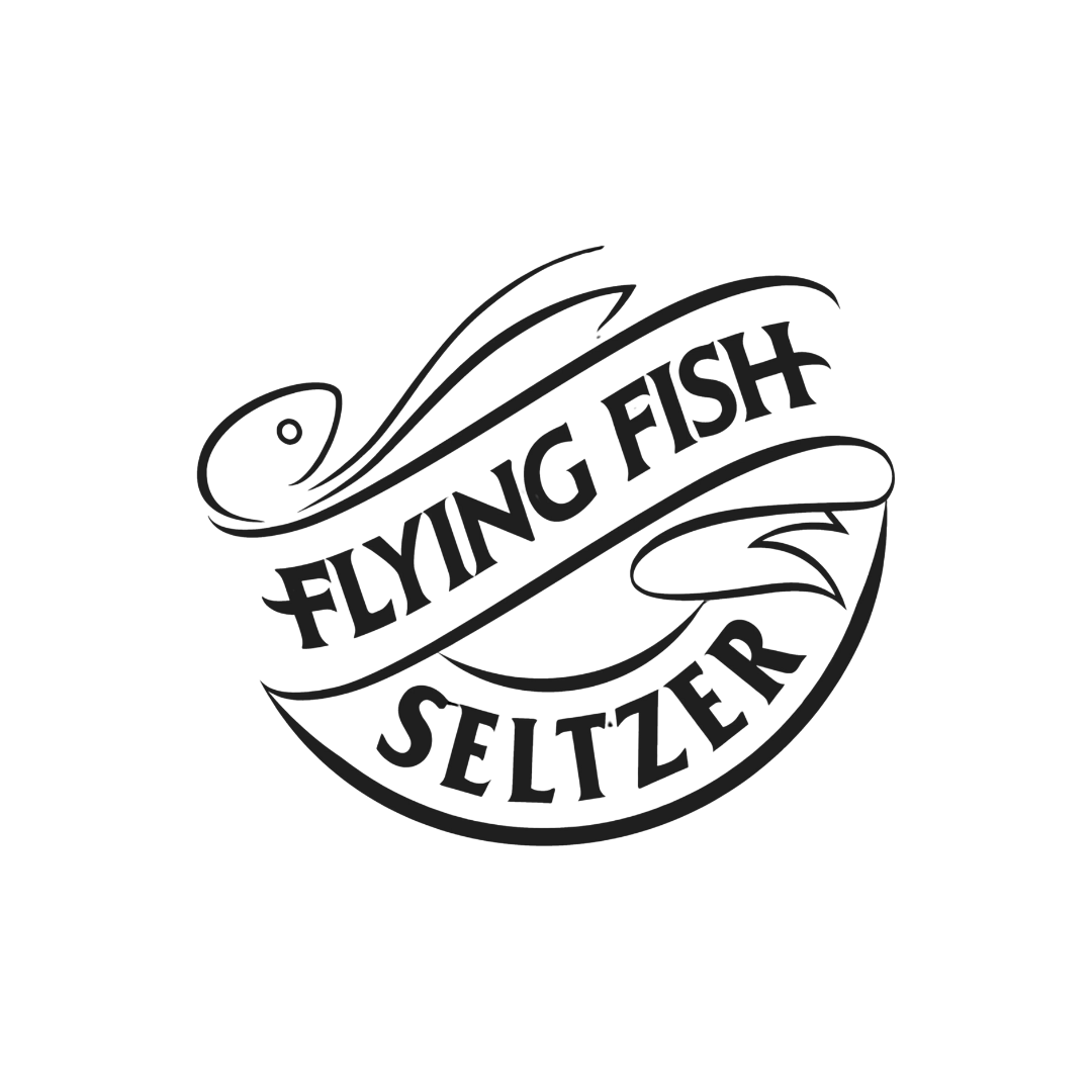 A black and white logo for flying fish seltzer.