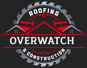 Logo for Overwatch Roofing & Construction with saw blade outline, two houses, hammers, and text.
