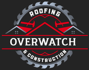 Logo for Overwatch Roofing & Construction with saw blade outline, two houses, hammers, and text.