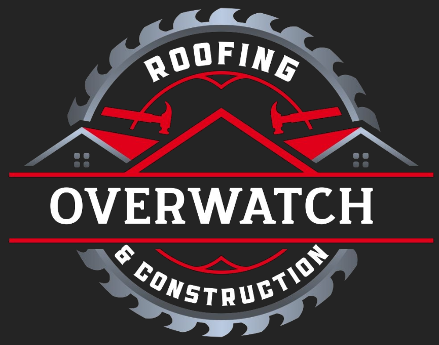 Logo for Overwatch Roofing & Construction with saw blade outline, two houses, hammers, and text.