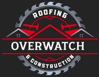 Logo for Overwatch Roofing & Construction with saw blade outline, two houses, hammers, and text.