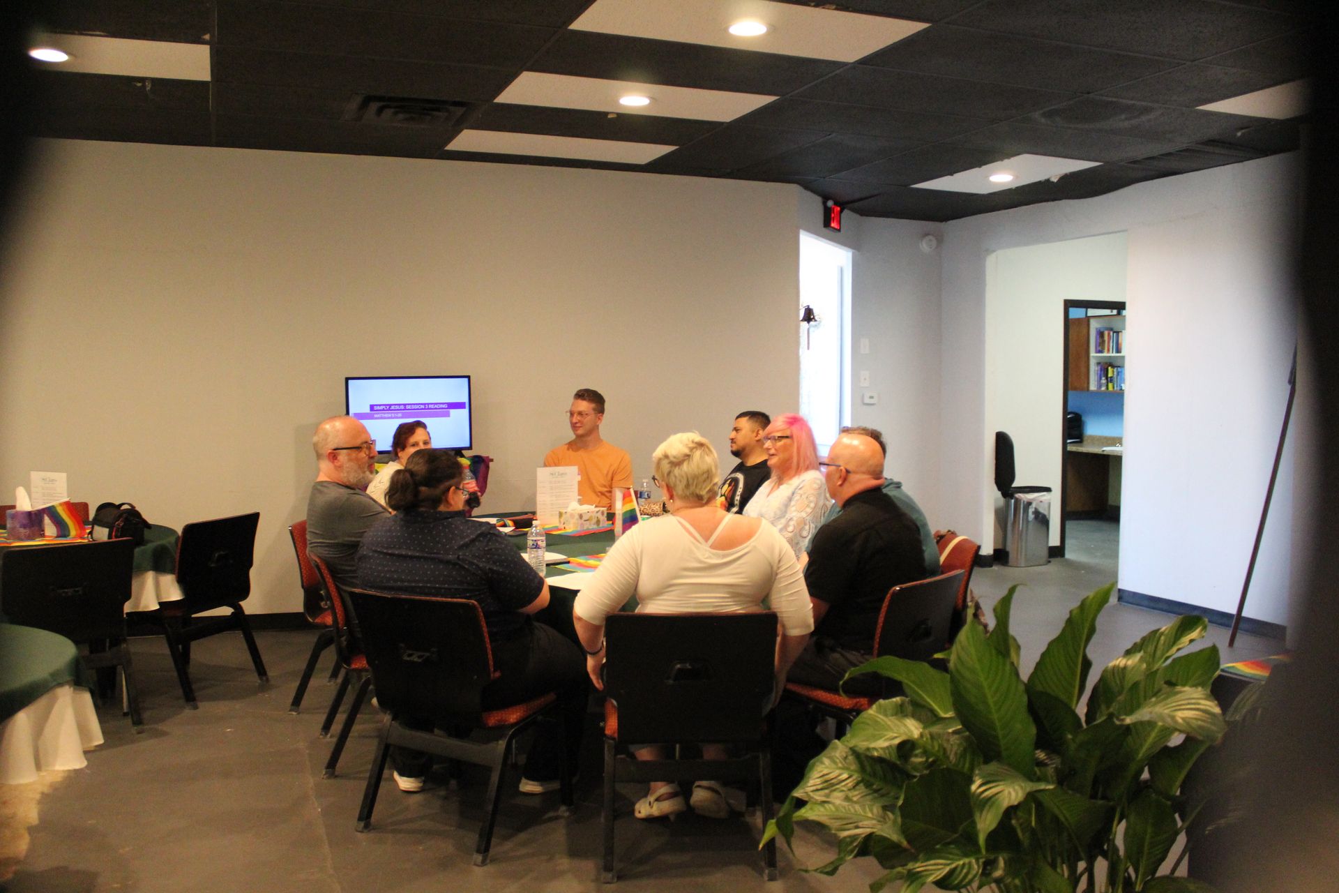 People seated around a table, watching a screen in a room with a black ceiling. Green plant in the foreground.