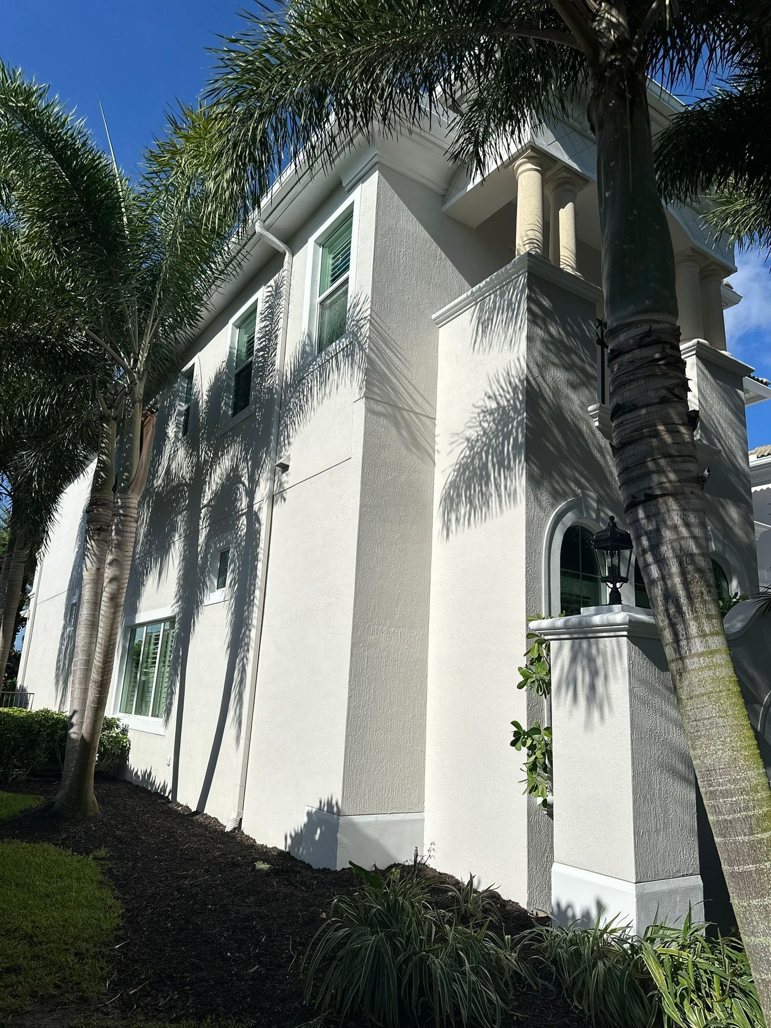 A large white house with a palm tree in front of it.