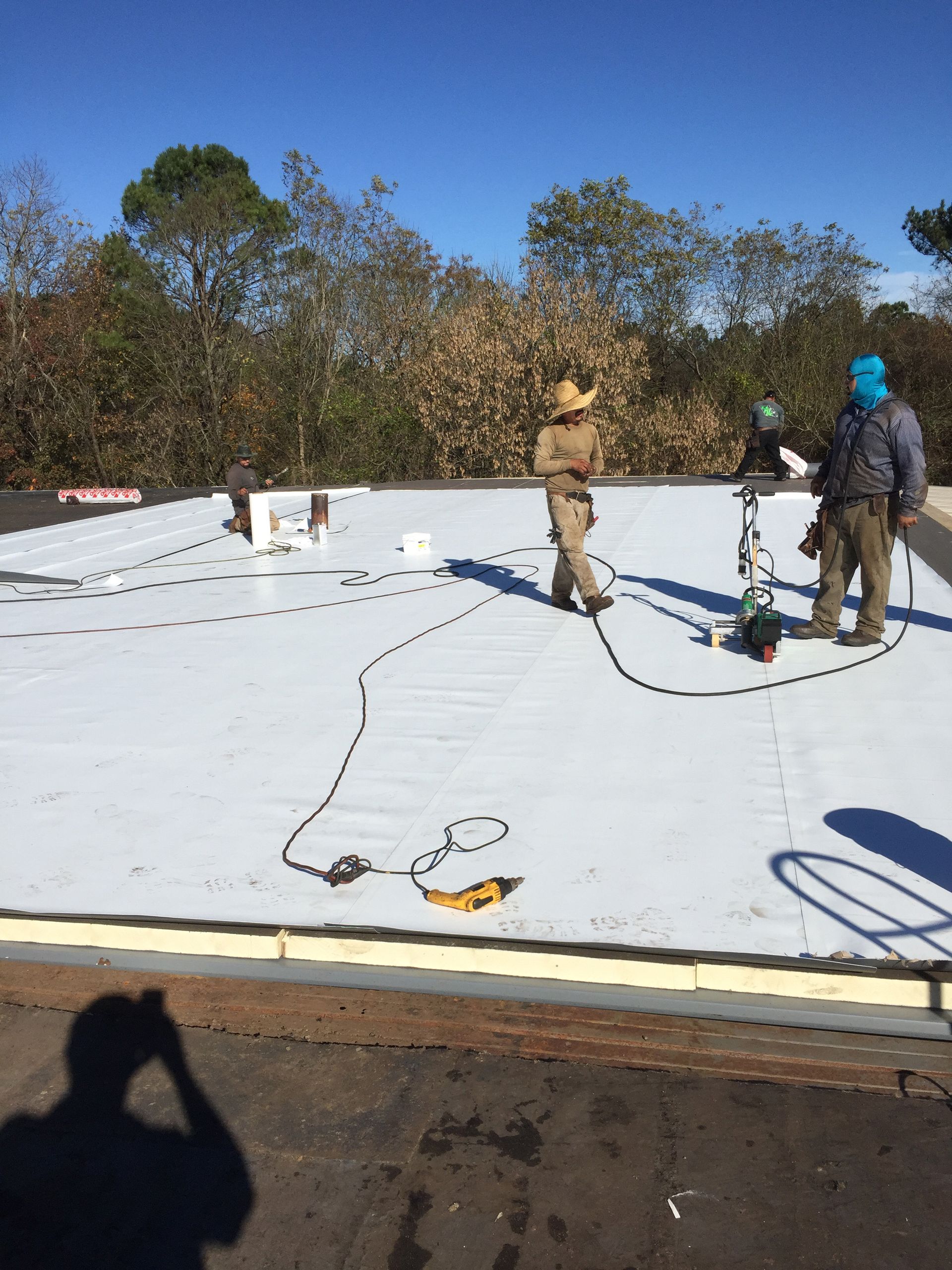 Three workers on a white flat roof, one inspecting equipment, sunny day, trees in background.