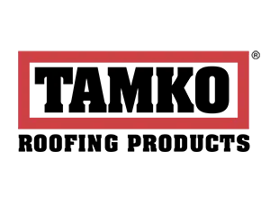 TAMKO Roofing Products logo: Black text "TAMKO" inside a red rectangle, "ROOFING PRODUCTS" below.