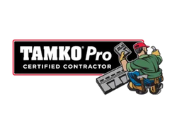 TAMKO Pro Certified Contractor logo: Text with a roofing professional.