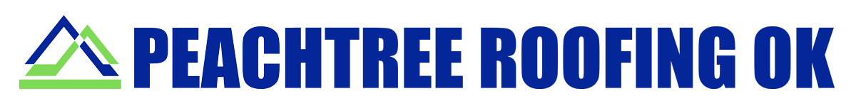 Logo for Peachtree Roofing OK, a roofing company. Features a green and blue roof icon and text.