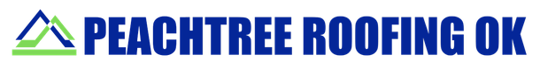Logo for Peachtree Roofing OK, a roofing company. Features a green and blue roof icon and text.