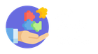 Hand holding colorful puzzle pieces within a blue circle.