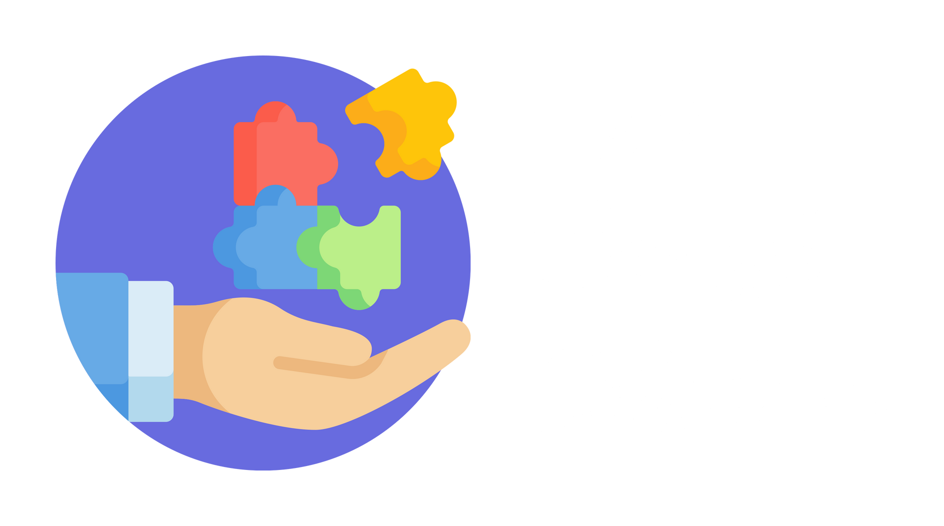 Hand holding colorful puzzle pieces within a blue circle.