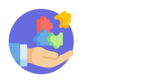 Hand holding colorful puzzle pieces within a blue circle.