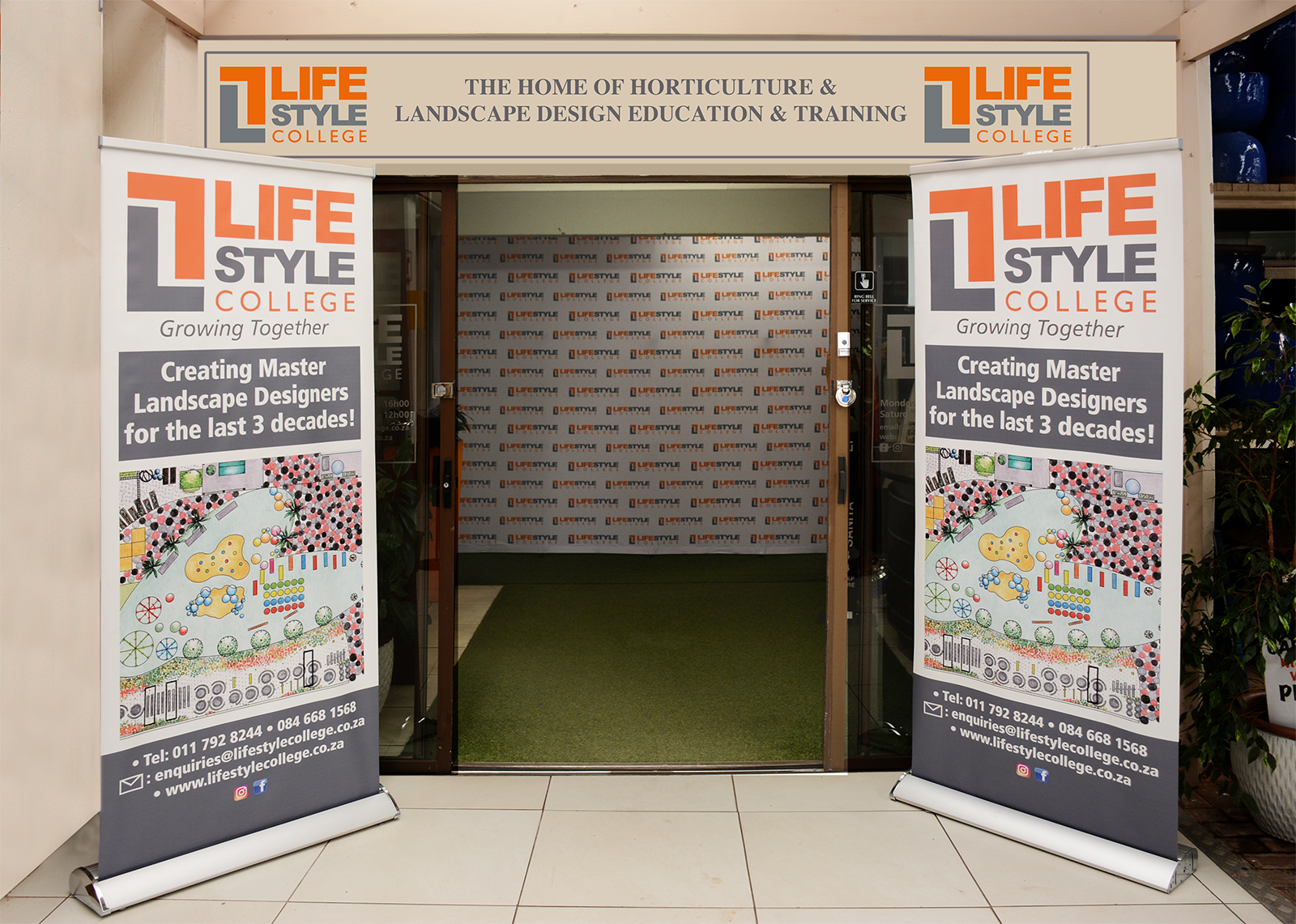 entrance to lifestyle college with big branded pull up banners on either side of the entrance