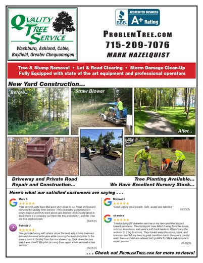 Advertisement for tree service featuring yard construction, tree planting, and positive customer reviews.