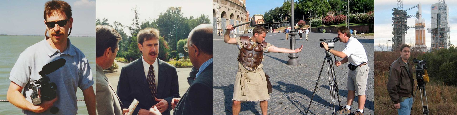A collage of photos of people including a man holding a camera