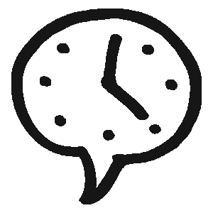 A black and white drawing of a clock in a speech bubble.