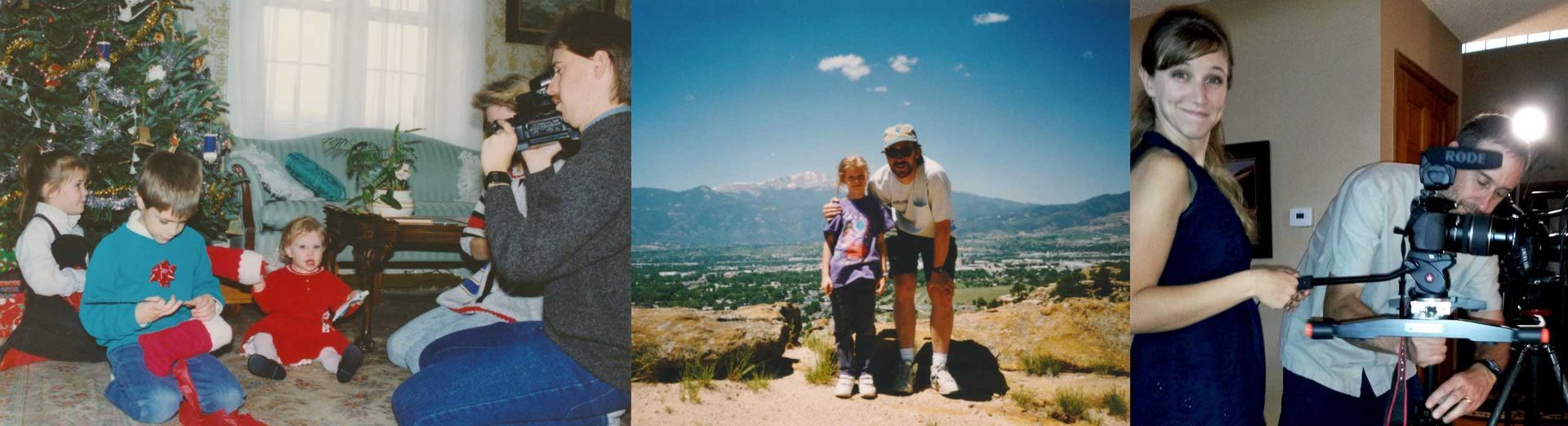 A collage of four pictures shows a woman taking a picture of a family