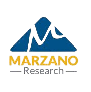 The logo for marzano research is a blue mountain with a m on it.