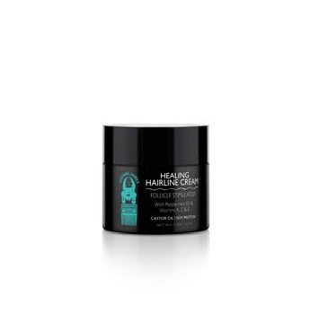 A black jar of healing hairline cream on a white background.