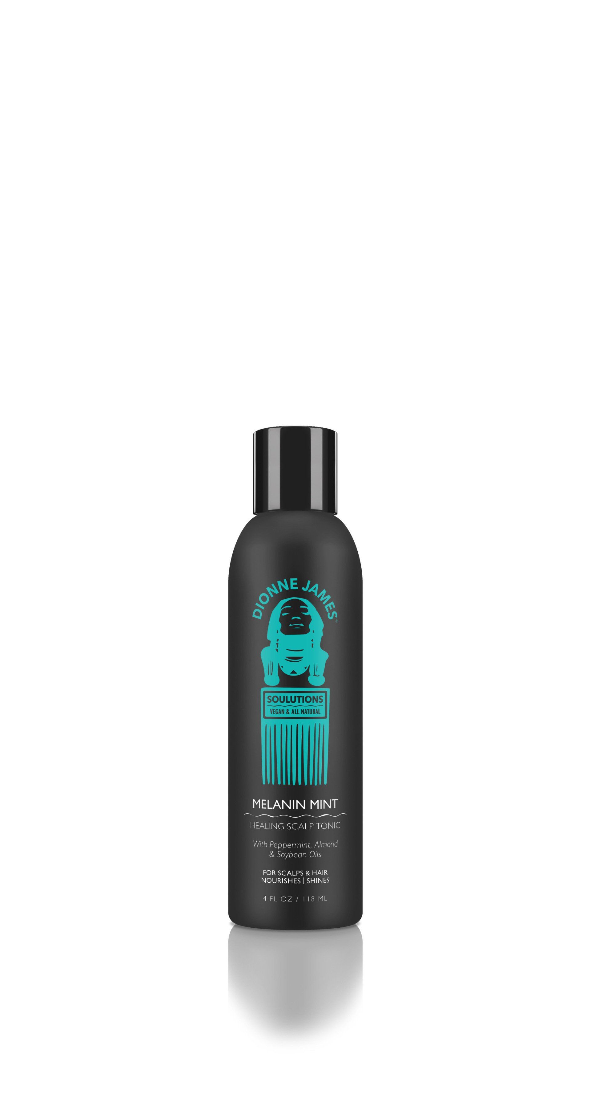 A black bottle of shampoo with a blue logo on it on a white background.