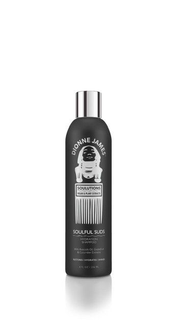A black bottle of shampoo with a silver cap on a white background.