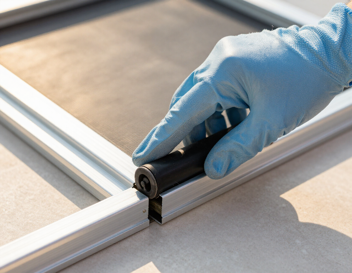 Gloved hand using a tool to join white aluminum frame pieces on a work surface